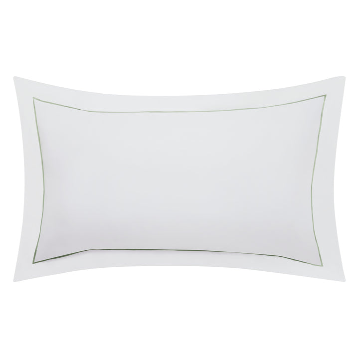 KS-057-2036_1|Elegant white duvet cover pillow sham with thin olive green embroidered border. Luxurious, soft, breathable, premium hotel quality.