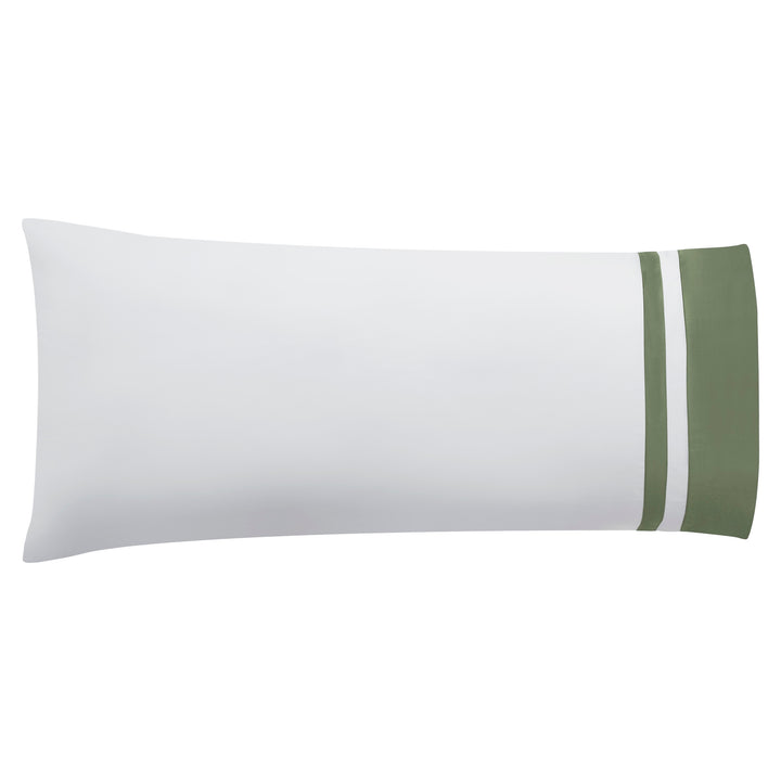 AKP-542-2040_3|Single white 100% cotton sateen pillowcase, standard size, with a wide olive green solid and white striped border.