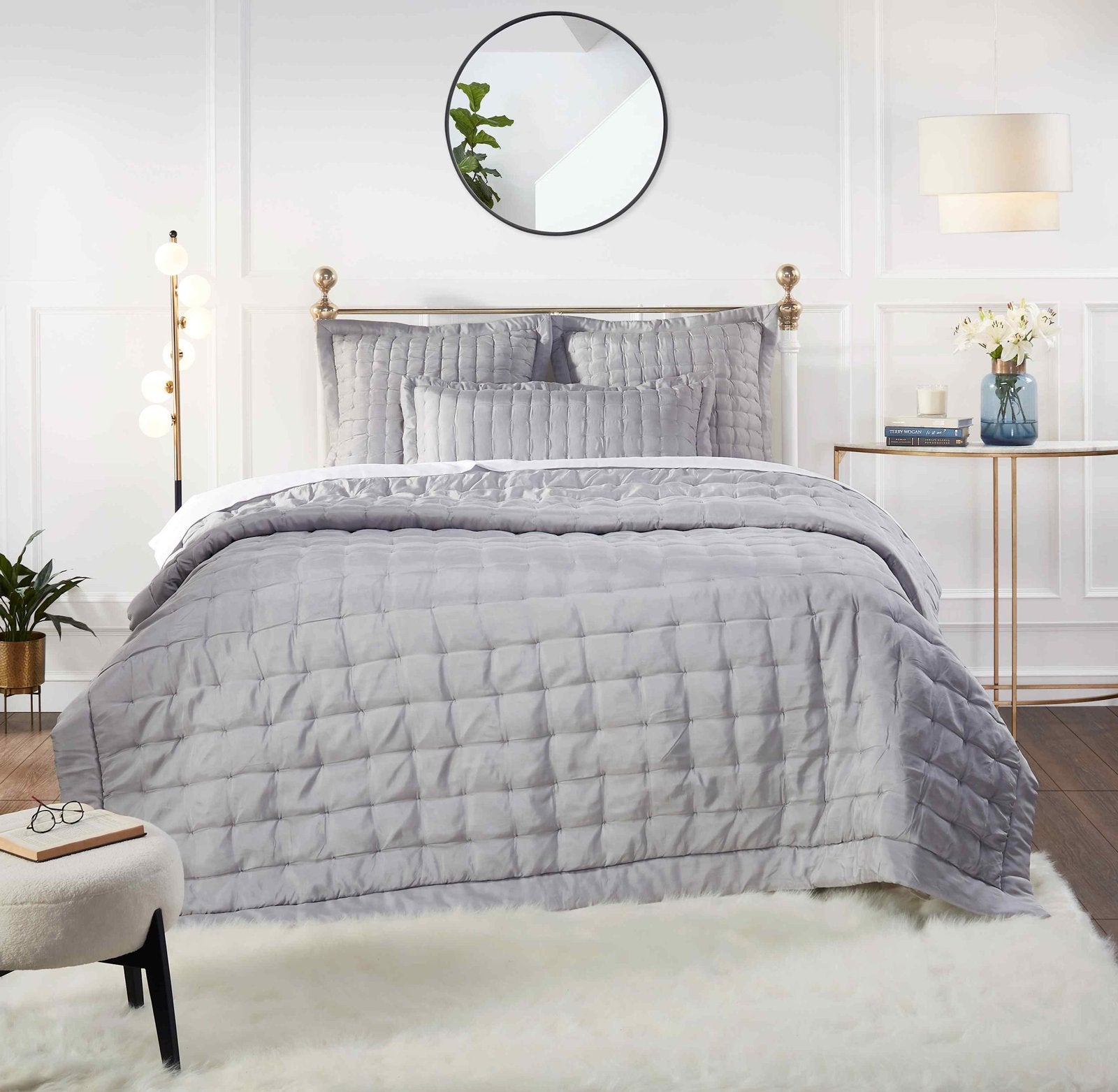 QT-333-11096_5|Luxurious grey quilted bedding set, featuring unique square puff pattern, adds sophisticated comfort to any bedroom.