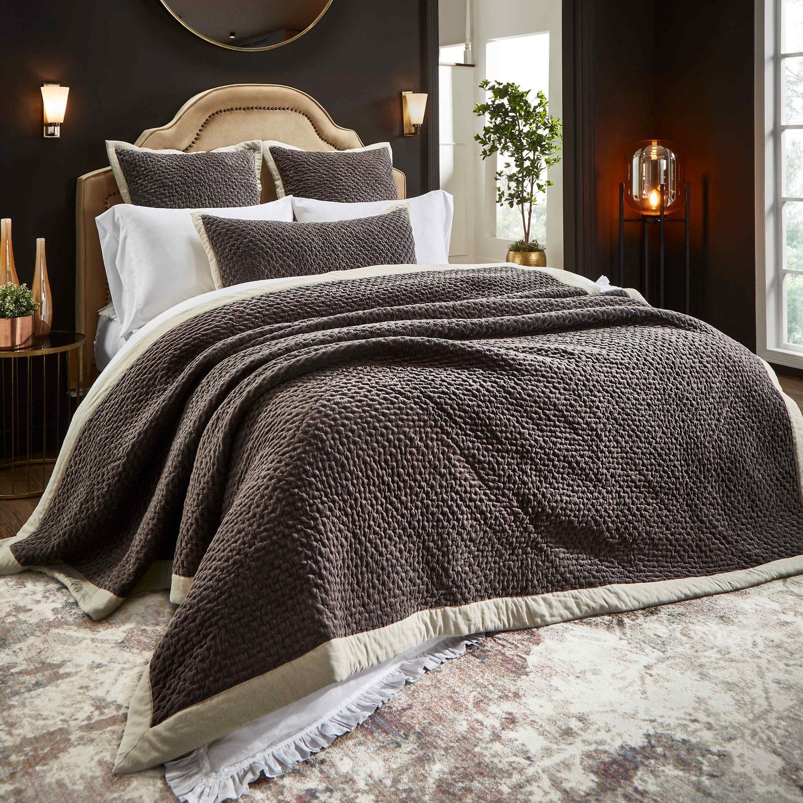 QT-329-11096_1|Luxurious brown textured quilt set enhances this stylish bedroom with comfortable bedding. Perfect for elegant home decor.