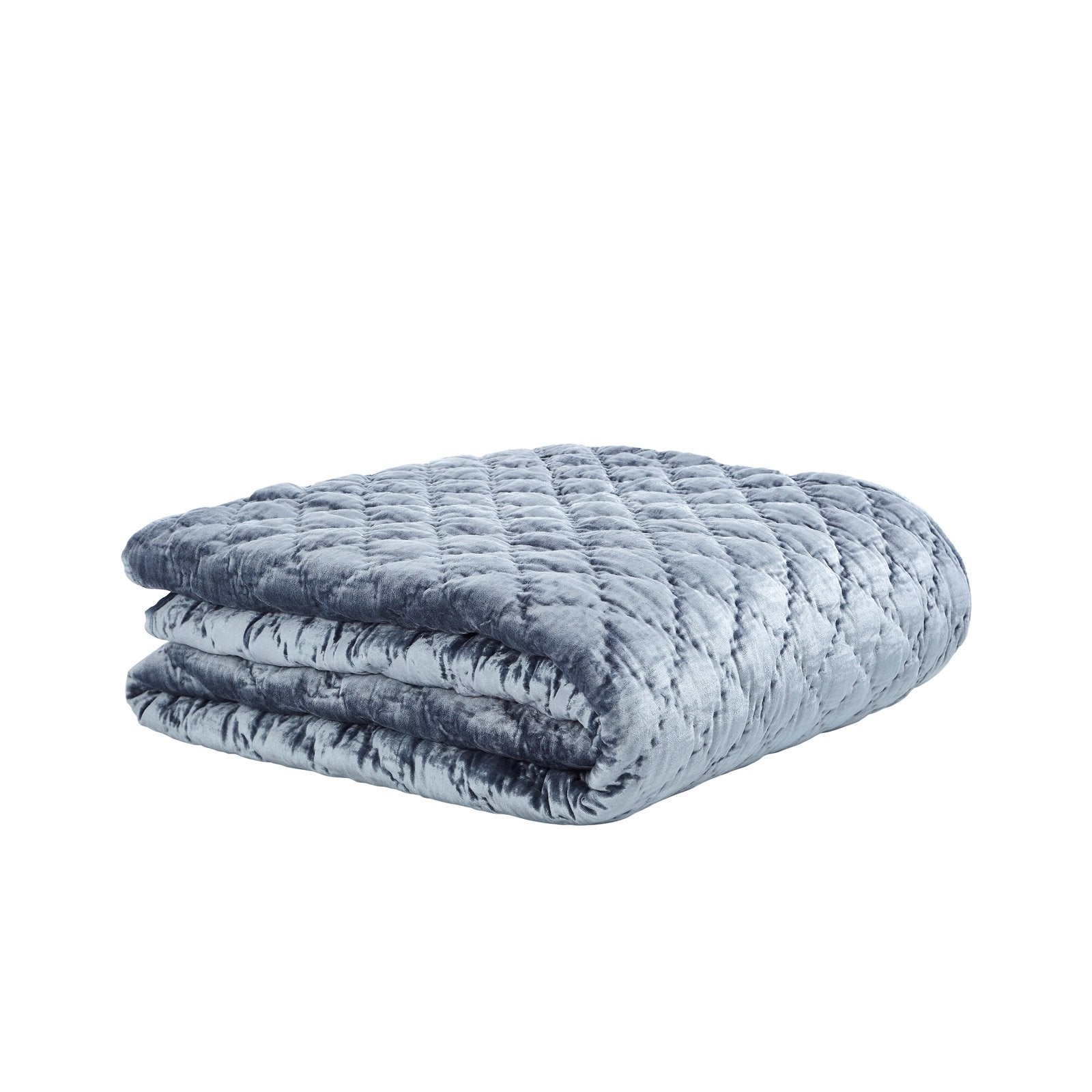 QT-341-9496_3|Folded blue-grey velvet quilt with diamond quilting pattern. Luxurious soft texture, perfect for cozy bedroom decor.