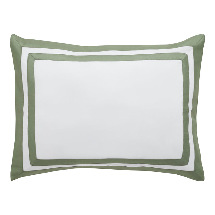BS-062-1216_1|Elegant duvet cover matching pillow sham, crisp white with a sophisticated green and white layered border design. Premium bedding.