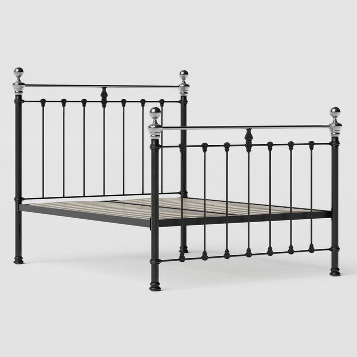 MB-211-6080_3|Classic black metal bed frame with chrome finials and ornate details, featuring a sturdy slatted base. Elegant bedroom furniture.