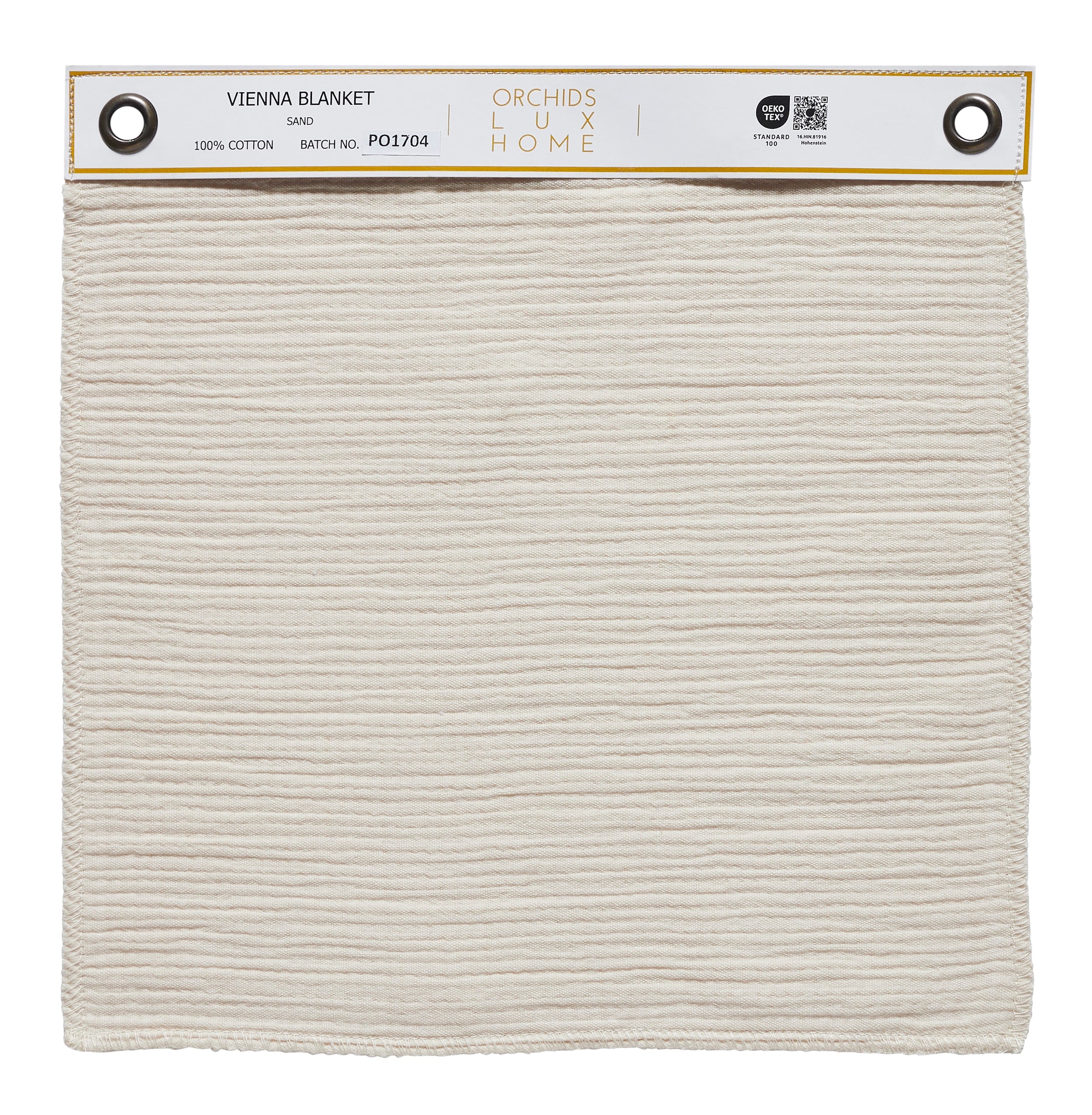 SWT-858-X_1|Individual fabric swatch of Vienna Blanket in Sand. 100% cotton, ribbed texture. Ideal for material selection and decor planning.