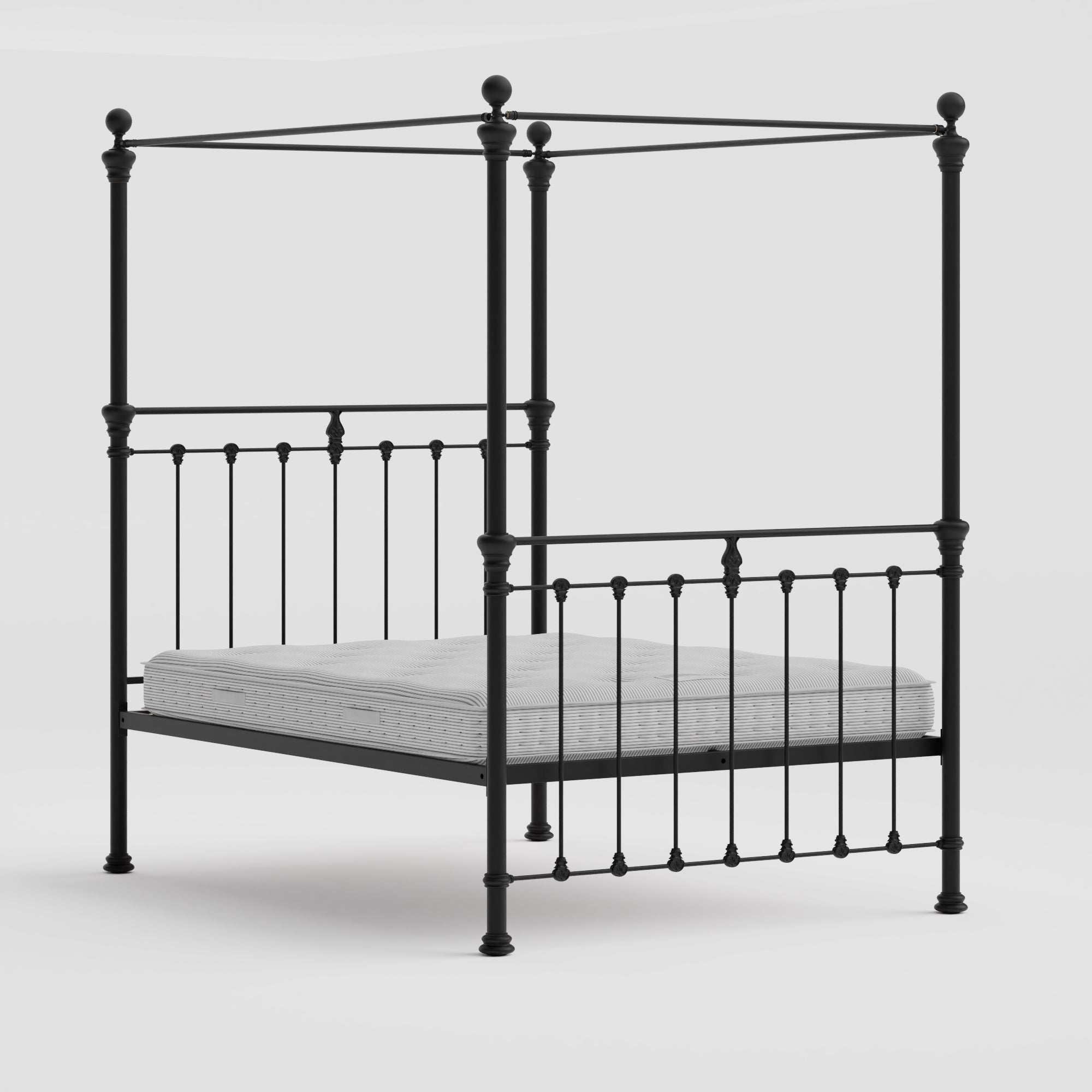 MB-206-X_1|Elegant black metal four-poster bed frame with ornate finials, sturdy design, and classic wrought iron style for any bedroom.
