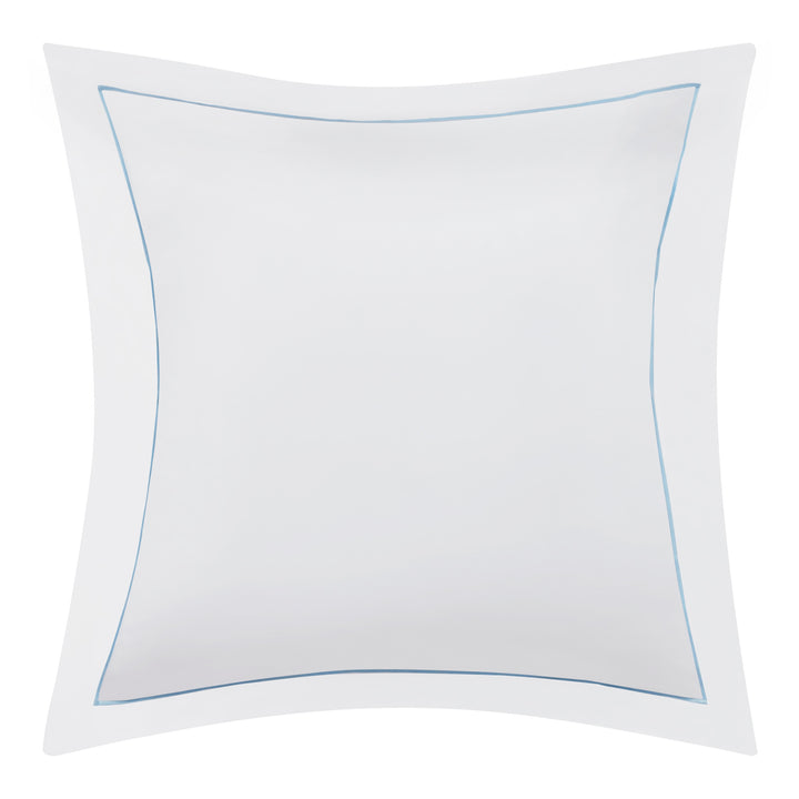 ES-055-2626_1|White cotton sateen duvet cover featuring elegant light blue embroidered piping, premium quality bedding for ultimate comfort.