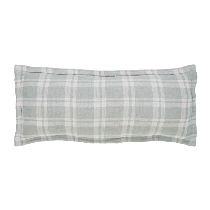 TP-119-1640_1|Long rectangular light green plaid decorative pillow. Soft and cozy accent for a modern or rustic bed setting.
