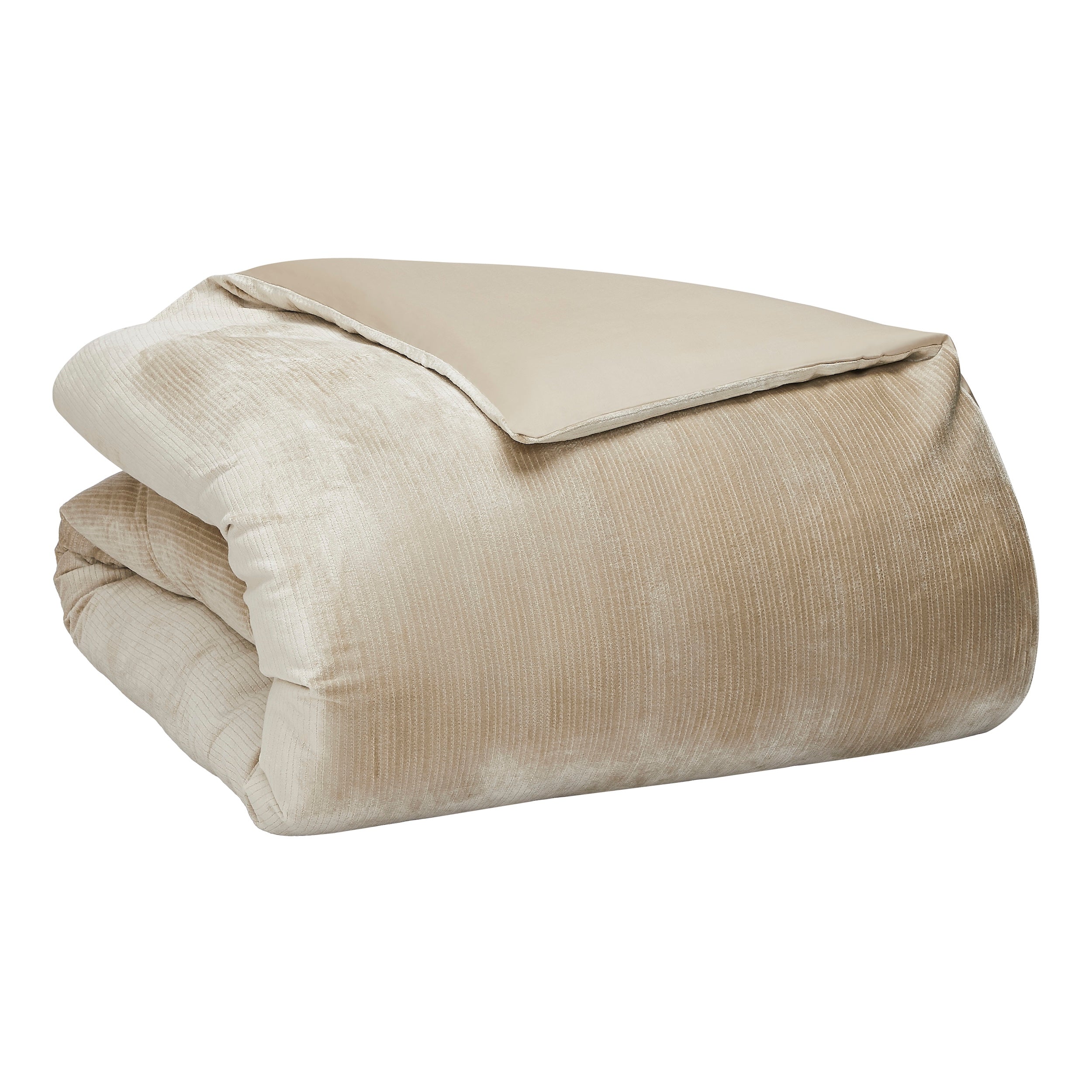 DT-053-10692_7|Folded beige velvet duvet cover with ribbed texture and smooth reverse side, a luxurious, elegant bedding essential.