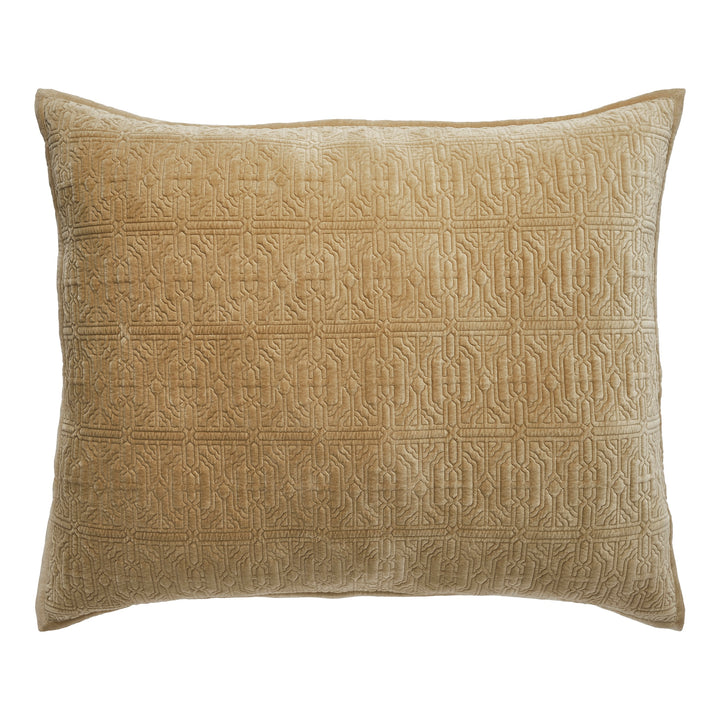 DE-377-3137_1|Elegant light brown velvet quilted pillow sham with intricate geometric pattern, perfect for cozy bedding and bedroom decor.
