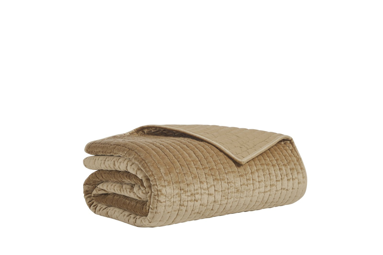 QT-362-9496_8|Rolled gold velvet quilt with textured design, hinting at its reversible charm and plush comfort for opulent bedrooms.