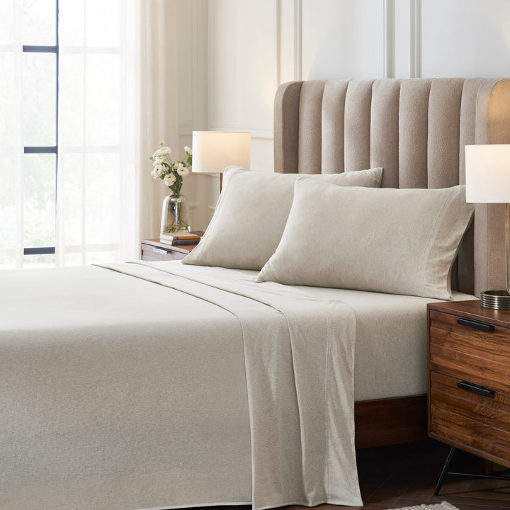QSS-527-6080_3|Full view of oatmeal 100% cotton sheet set and pillowcases dressed on a bed, for ultimate sleeping comfort.