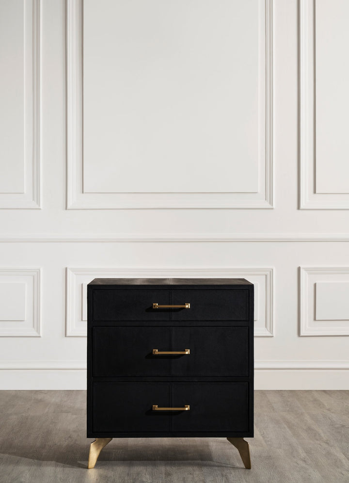 FN-5200-262028_2|Elegant black three-drawer nightstand featuring modern gold bar pull handles on a white paneled wall background.