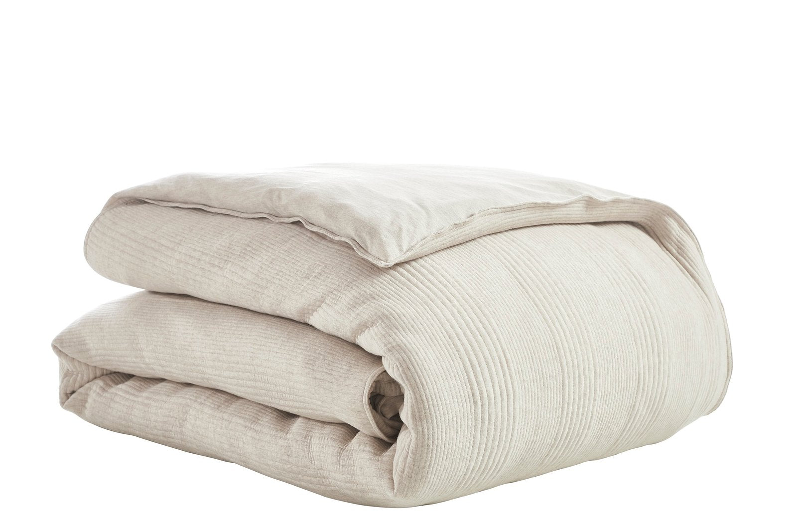 DT-040-10692_6|Elegantly folded beige textured duvet cover featuring subtle vertical stripes, cozy and inviting for modern bedding.