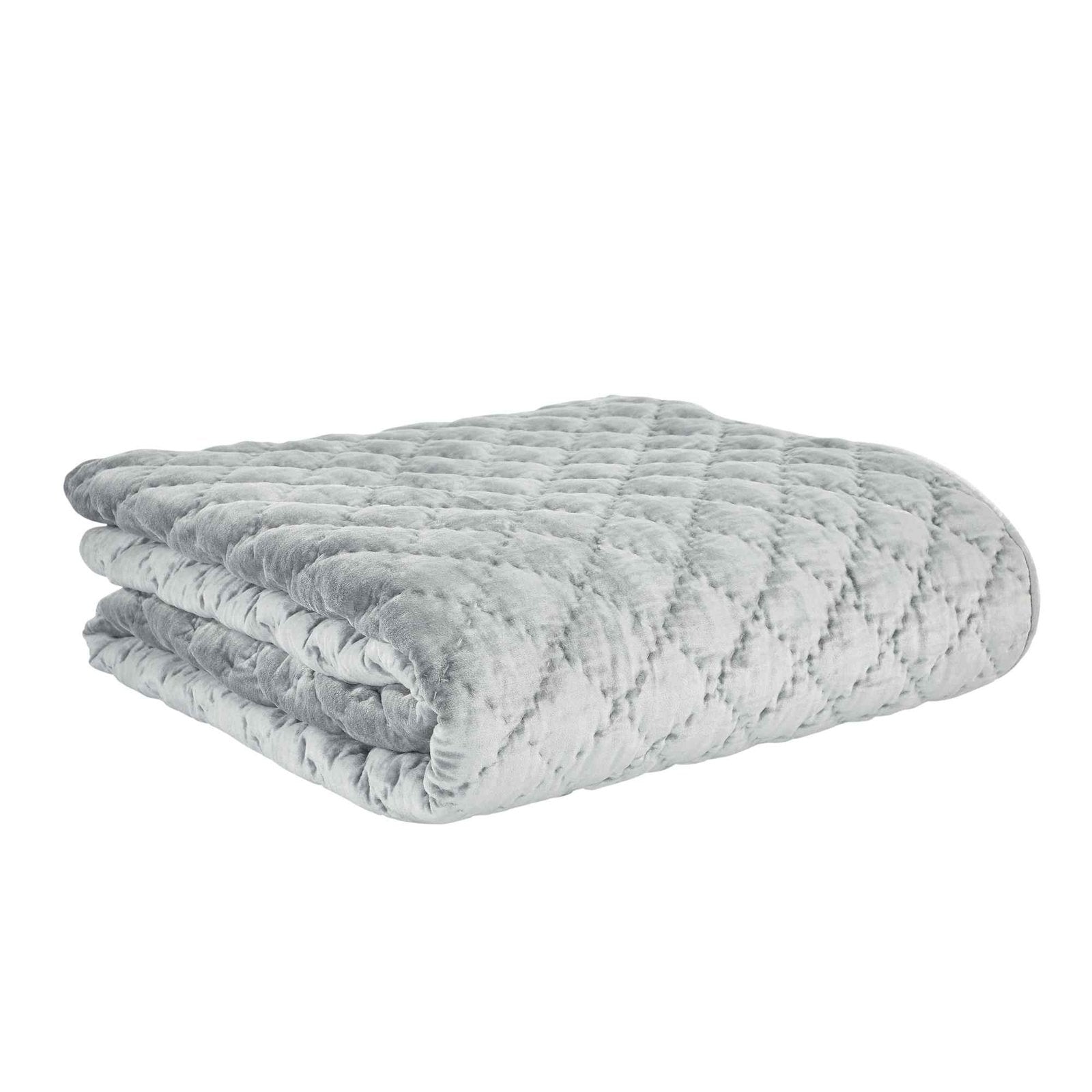 QT-356-11096_6|Luxurious light blue-grey velvet quilt, beautifully folded with intricate diamond quilting, offering ultimate bedroom elegance.