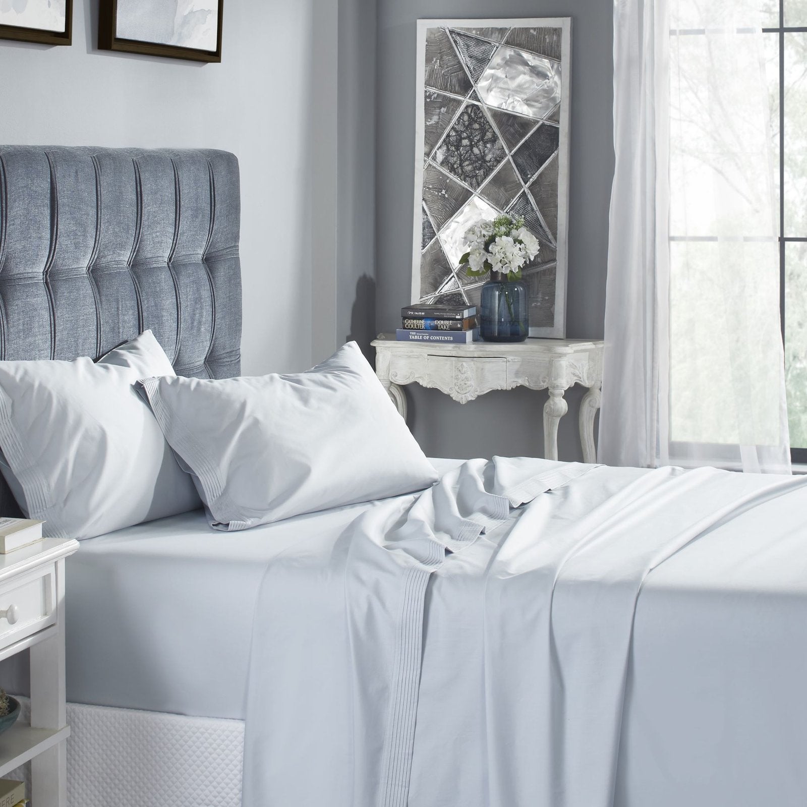 QSS-524-6080_1|Premium light blue 100% cotton sheets, offering luxurious softness and breathability for a refreshingly comfortable sleep.