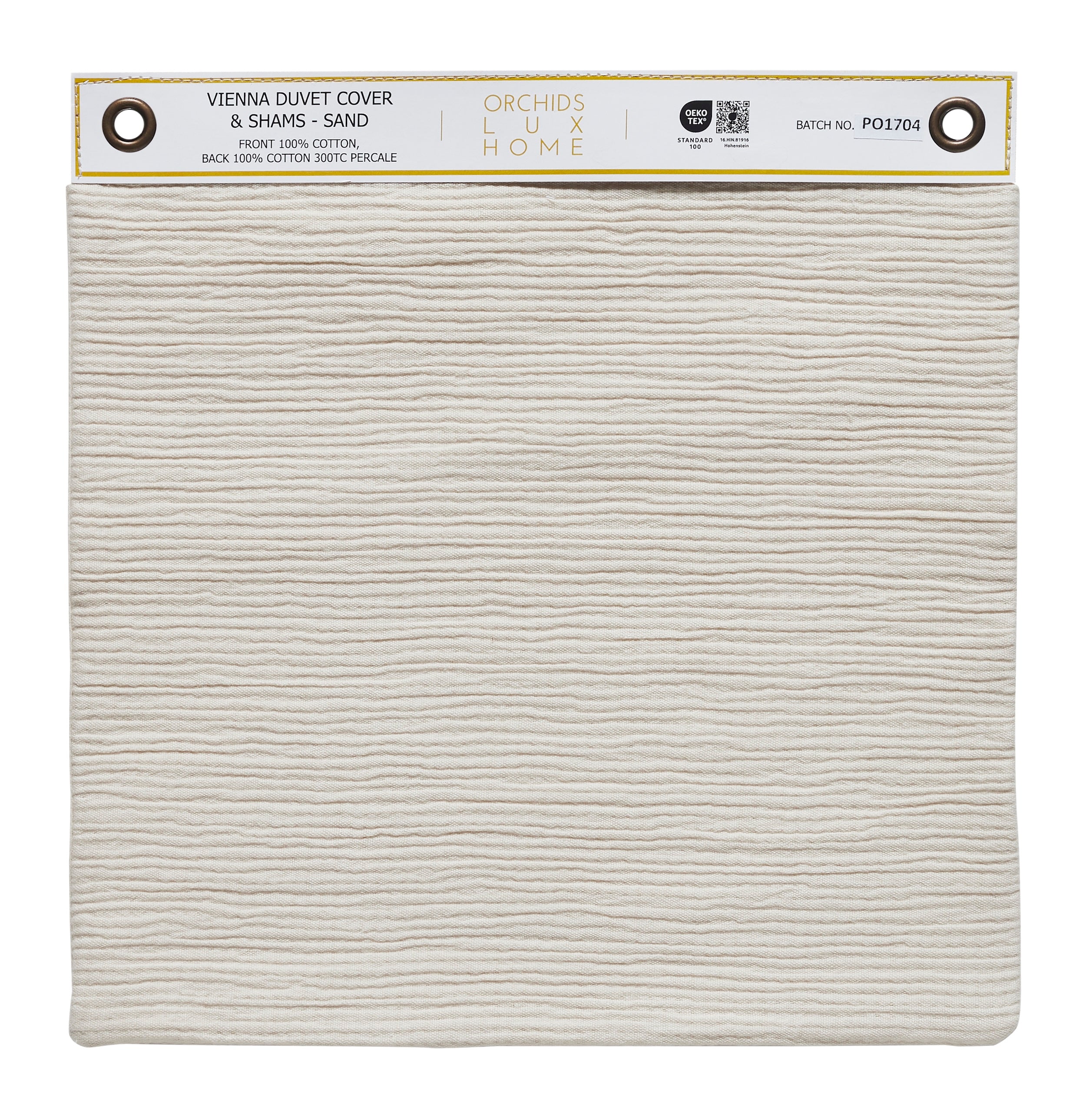 SWT-067-X_1|Individual sand 100% cotton percale swatch for Vienna Duvet Cover & Shams. Textured, durable fabric sample.