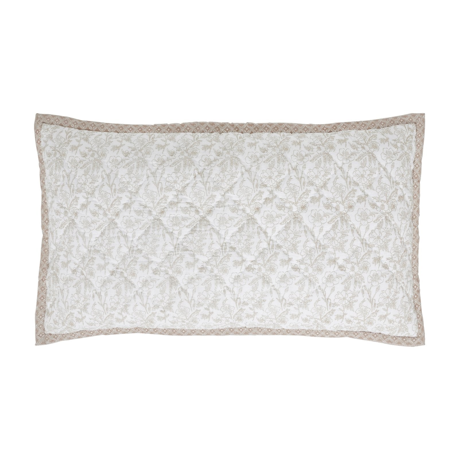 KS-346-2036_1|Elegant white rectangular pillow sham with delicate beige floral embroidery and a coordinating decorative border.