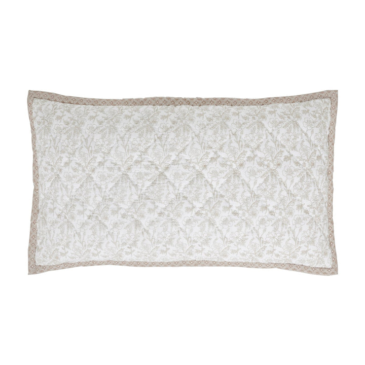 KS-346-2036_1|Elegant white rectangular pillow sham with delicate beige floral embroidery and a coordinating decorative border.
