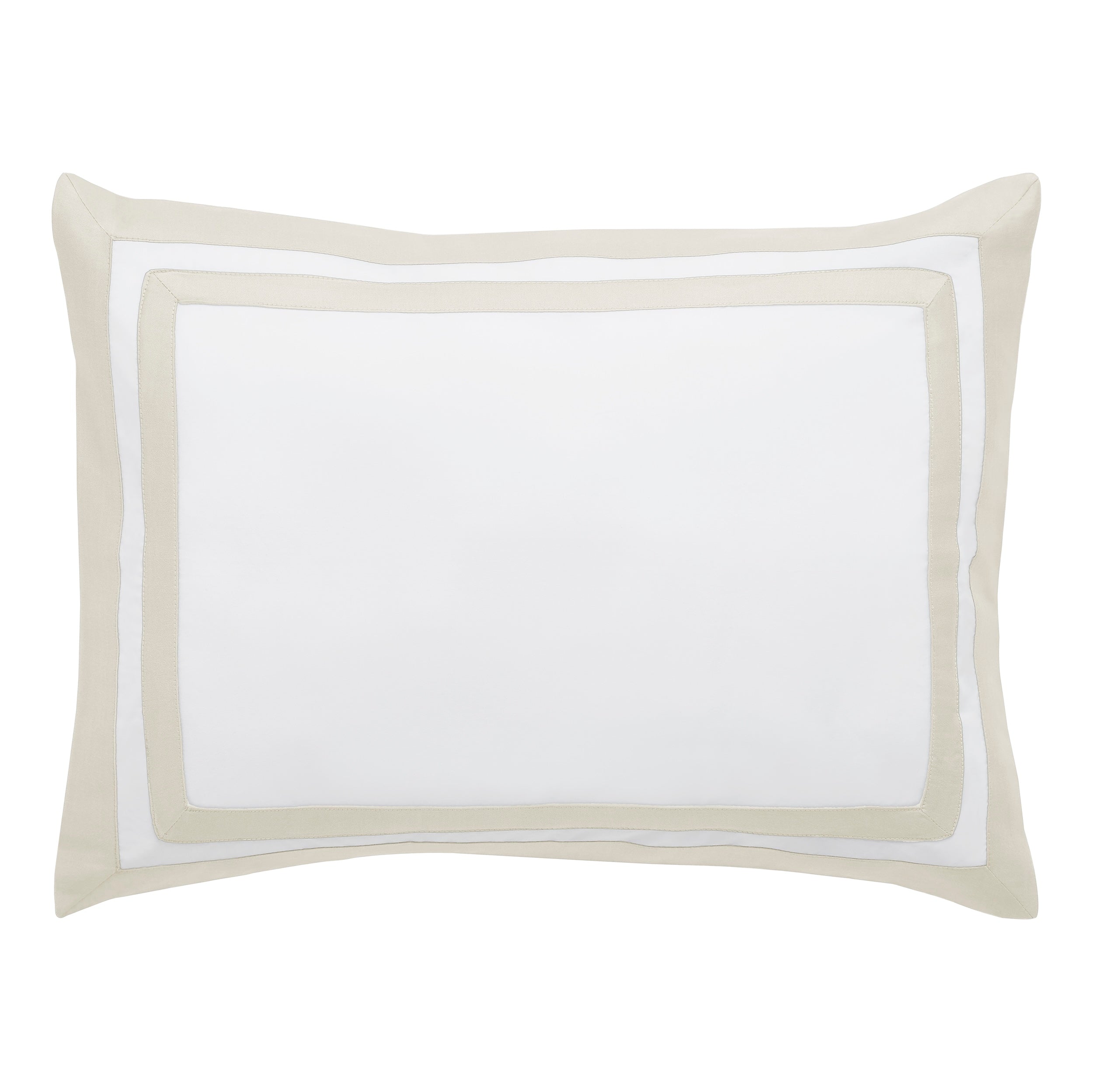 BS-061-1216_1|Elegant white duvet cover featuring chic light beige triple-band trim border, offering sophisticated bedroom decor. Luxurious comfort.
