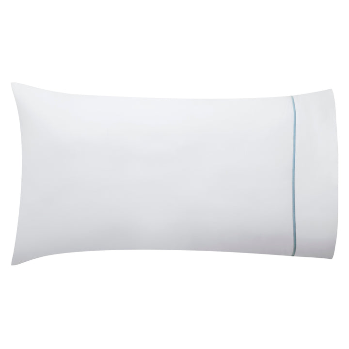 ASP-530-2032_1|Soft 100% cotton sheets: a single pure white pillow sham featuring a delicate aqua blue trim. Comfortable sleeping.
