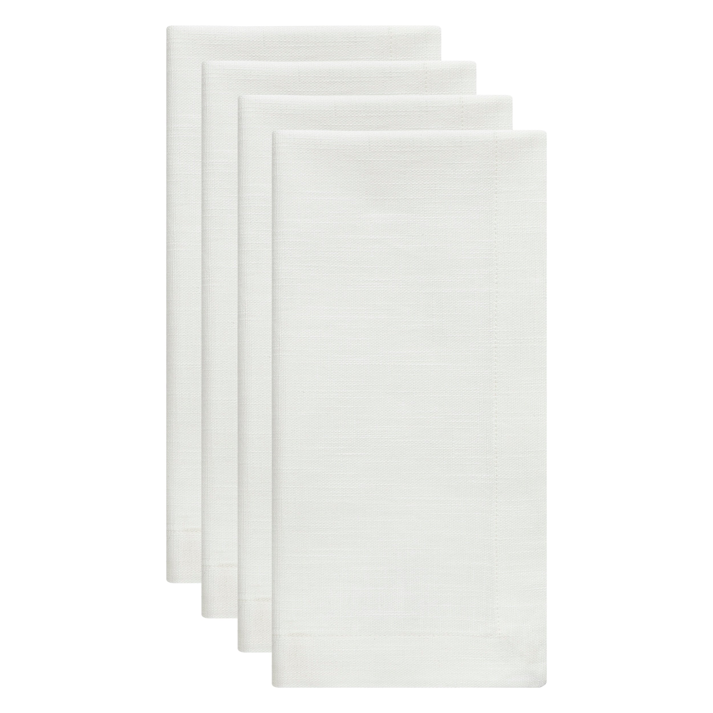 NP-4808-2020_2|Set of four crisp white linen-look fabric dinner napkins, neatly folded, ideal for elegant table settings.