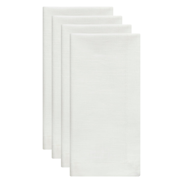 NP-4808-2020_2|Set of four crisp white linen-look fabric dinner napkins, neatly folded, ideal for elegant table settings.