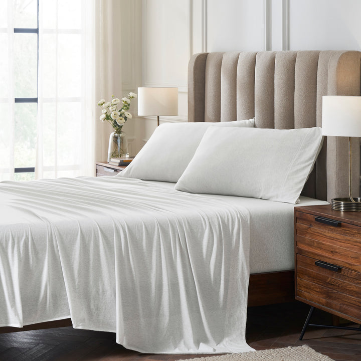 KSS-525-7880_1|Soft, cozy heather grey 100% cotton jersey sheets, perfect for a relaxed feel, offering breathable and comfortable sleep.