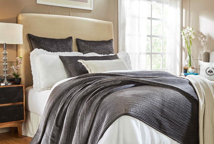 CL-153-11096_4|Luxurious charcoal grey velvet ribbed coverlet with intricate braided texture, adding refined comfort to the bedroom setting.