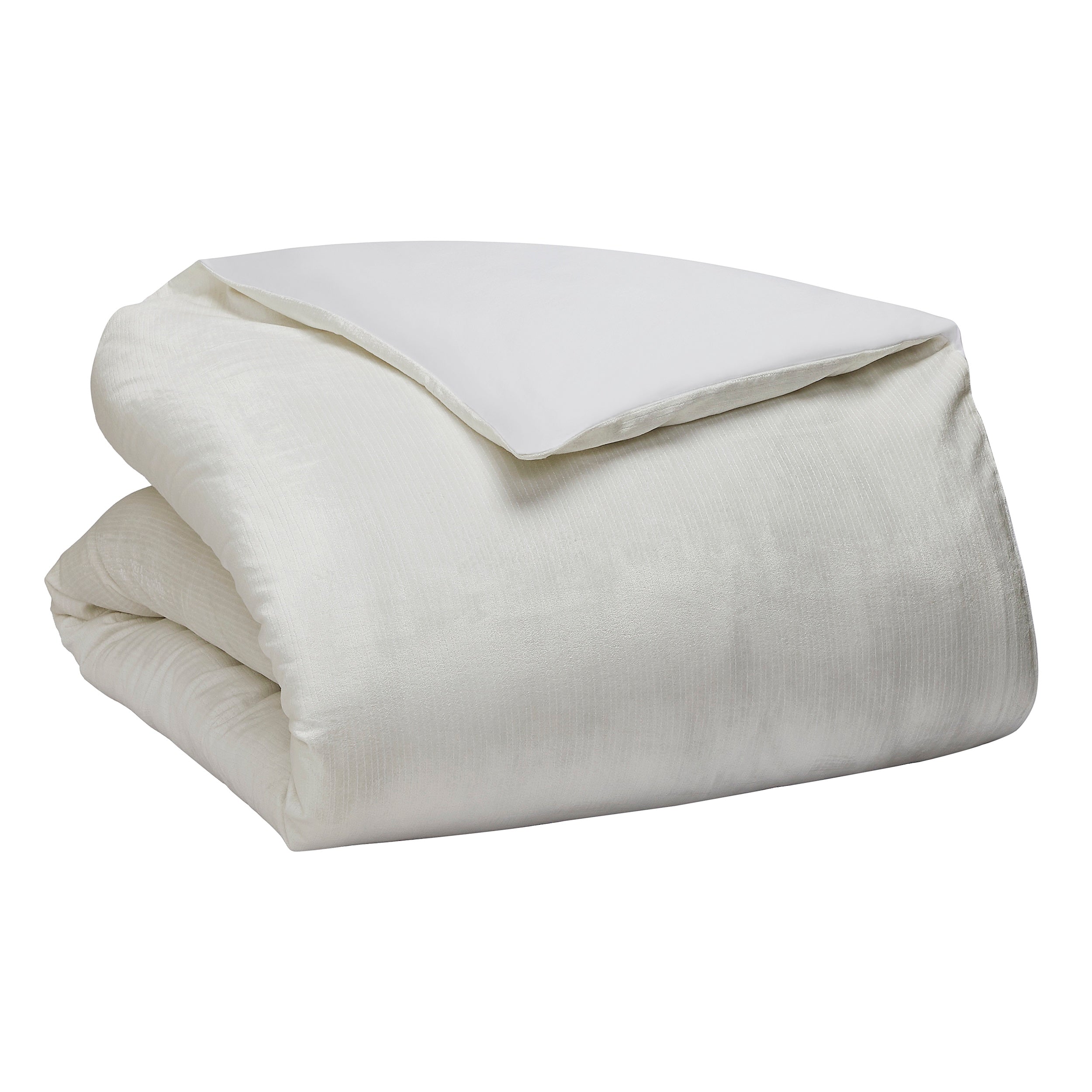 DT-052-9092_8|Folded white duvet cover showcasing a subtle vertical textured stripe pattern, perfect for cozy bedroom decor.