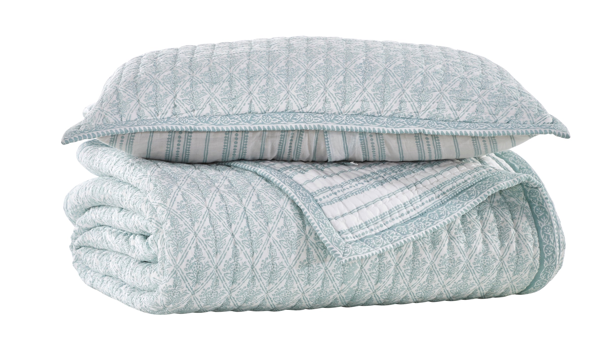 ES-347-2626_2|Light blue quilted set with elegant stripe and floral designs, includes pillow and folded quilt for bedroom.