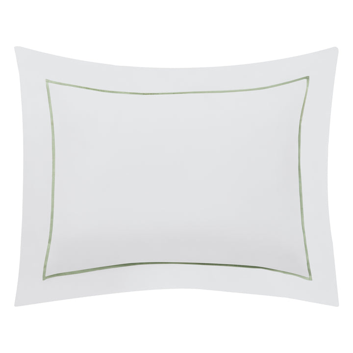 BS-057-1216_1|Elegant white duvet cover style, featuring a crisp green embroidered border, offering a fresh and classic bedroom appeal.