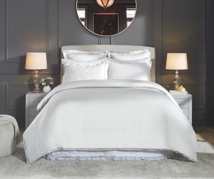 DT-047-10692_1|Elegant white sateen duvet cover on a modern bed in a sophisticated bedroom setting, offering premium sleep comfort.