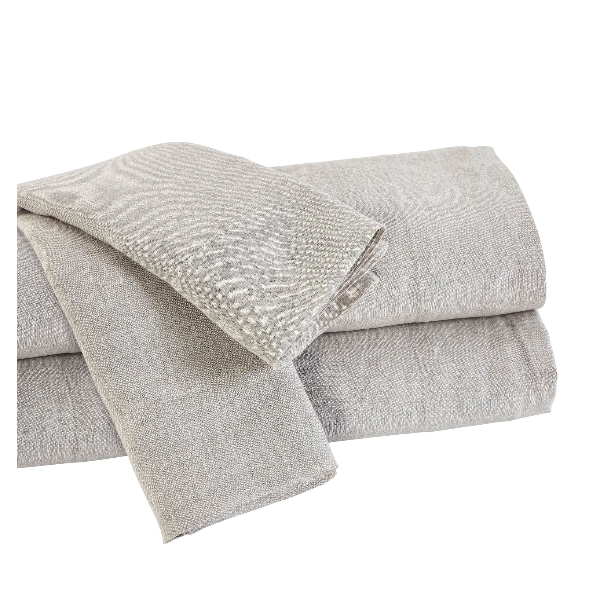 KSS-516-7880_5|Folded stack of light grey 100% linen sheets on a white background, highlighting the natural, breathable fabric.