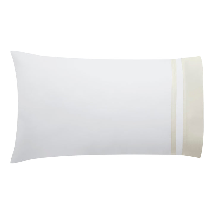 ASP-540-2032_3|Single standard 100% cotton sateen pillowcase in white, accented with a wide beige border and dual white stripes.