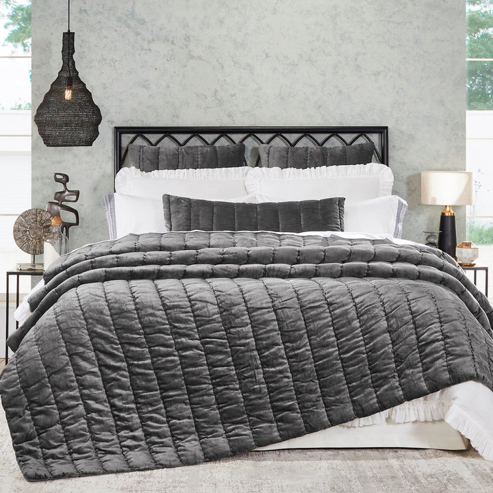 QT-338-9496_1|Luxurious dark grey velvet quilt featuring elegant horizontal channel stitching, perfect for a sophisticated modern bedroom.