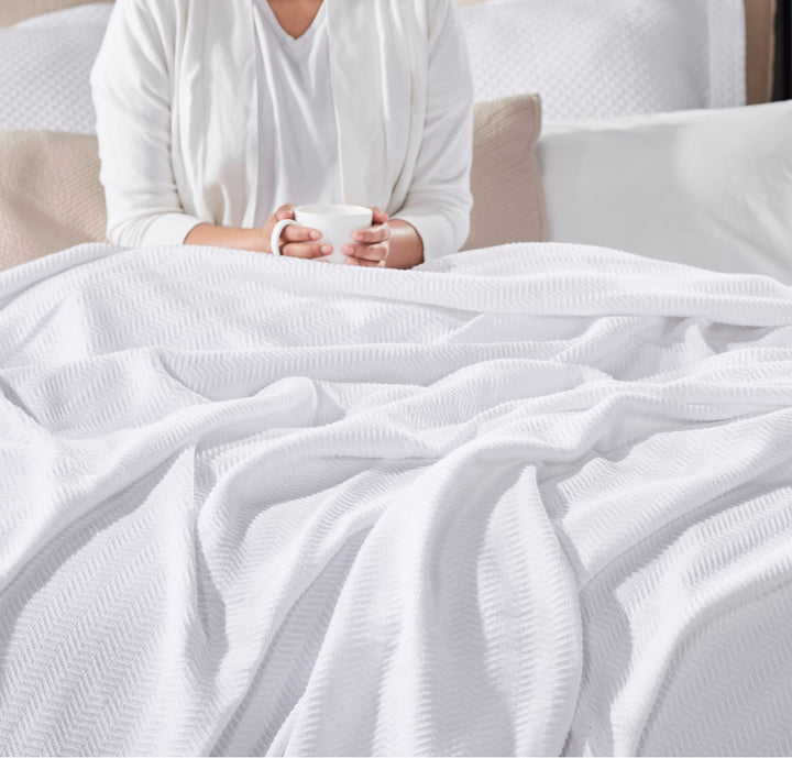 BL-853-11096_2|Soft white textured blanket providing ultimate warmth and comfort, perfect for a cozy morning in bed with a hot drink.