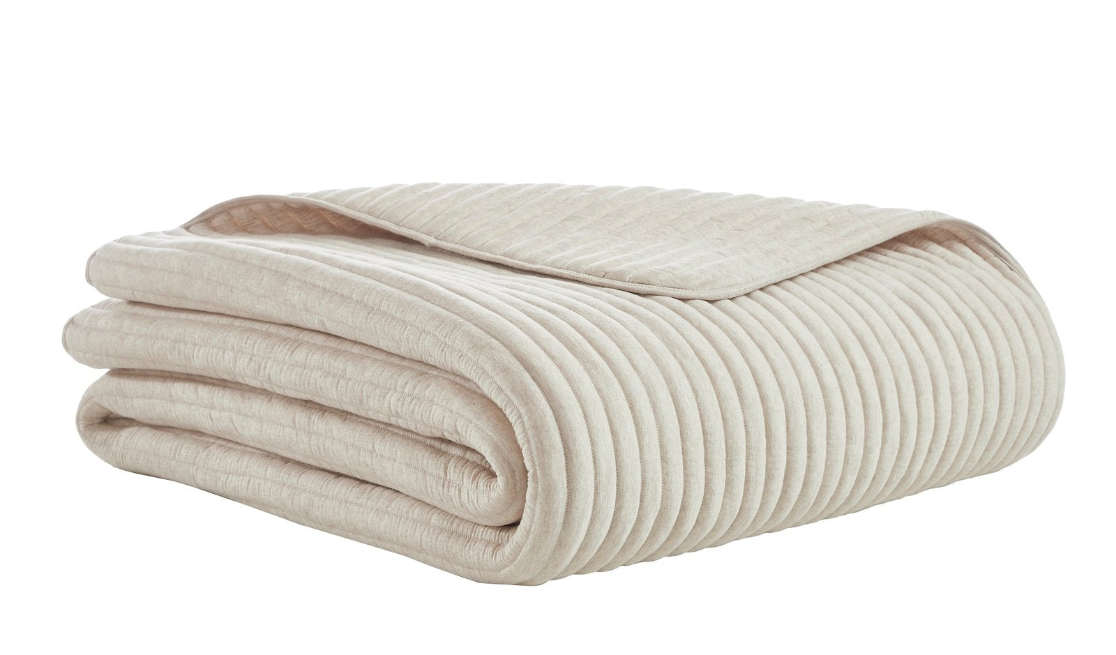 QT-368-9496_5|Folded beige ribbed velvet quilt, showcasing soft texture and elegant design. Ideal for luxurious bedding.