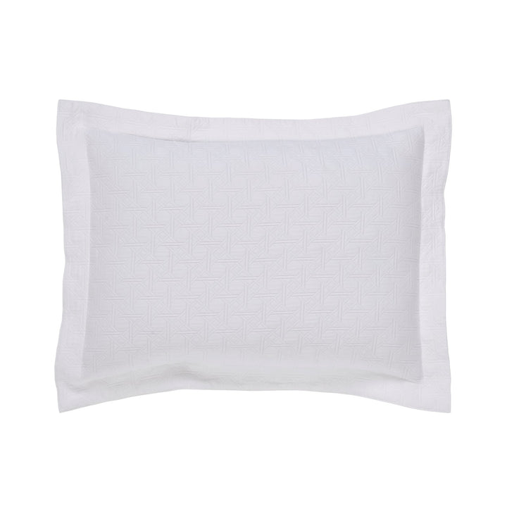 SS-175-2026_1|White quilted coverlet sham with geometric woven pattern, plush, cozy, decorative bedding accent for a contemporary bedroom.