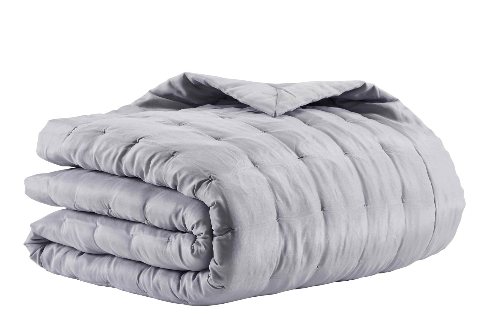 QT-333-11096_2|Soft grey quilted quilt, elegantly folded, showcasing a unique square puff pattern for luxurious bedroom comfort.