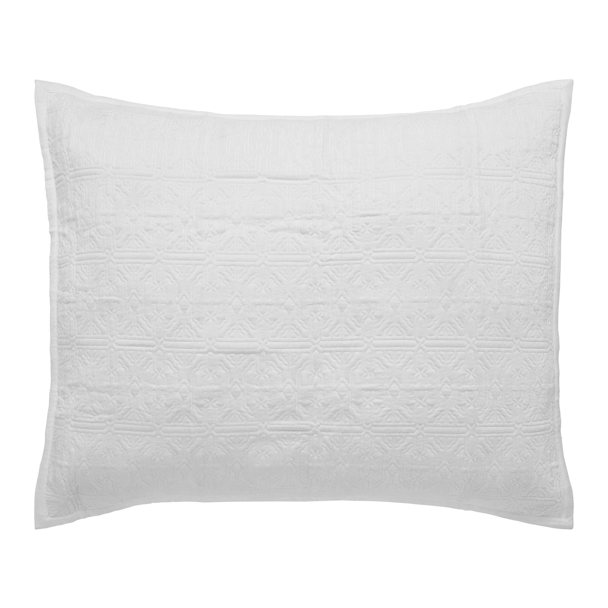 DE-376-3137_1|Crisp white quilted cotton pillow sham, elegant geometric medallion pattern. Fresh, clean bedding for a classic bedroom look.
