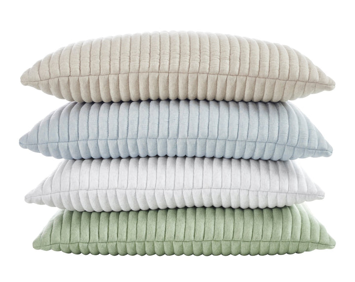 SS-367-X_2|Stack of four ribbed corduroy pillows in beige, blue, white, and green. Soft textured decorative throw pillows.