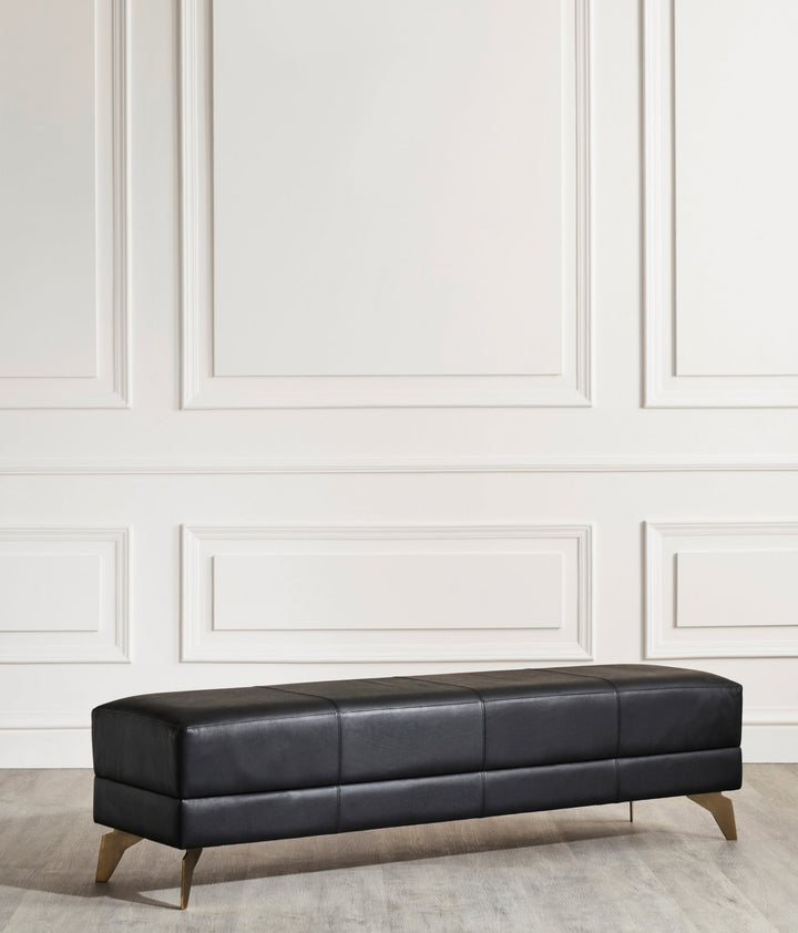 FN-5200-601618_4|Contemporary black leather upholstered bench featuring stylish square tufting and sophisticated gold-finished accent legs.
