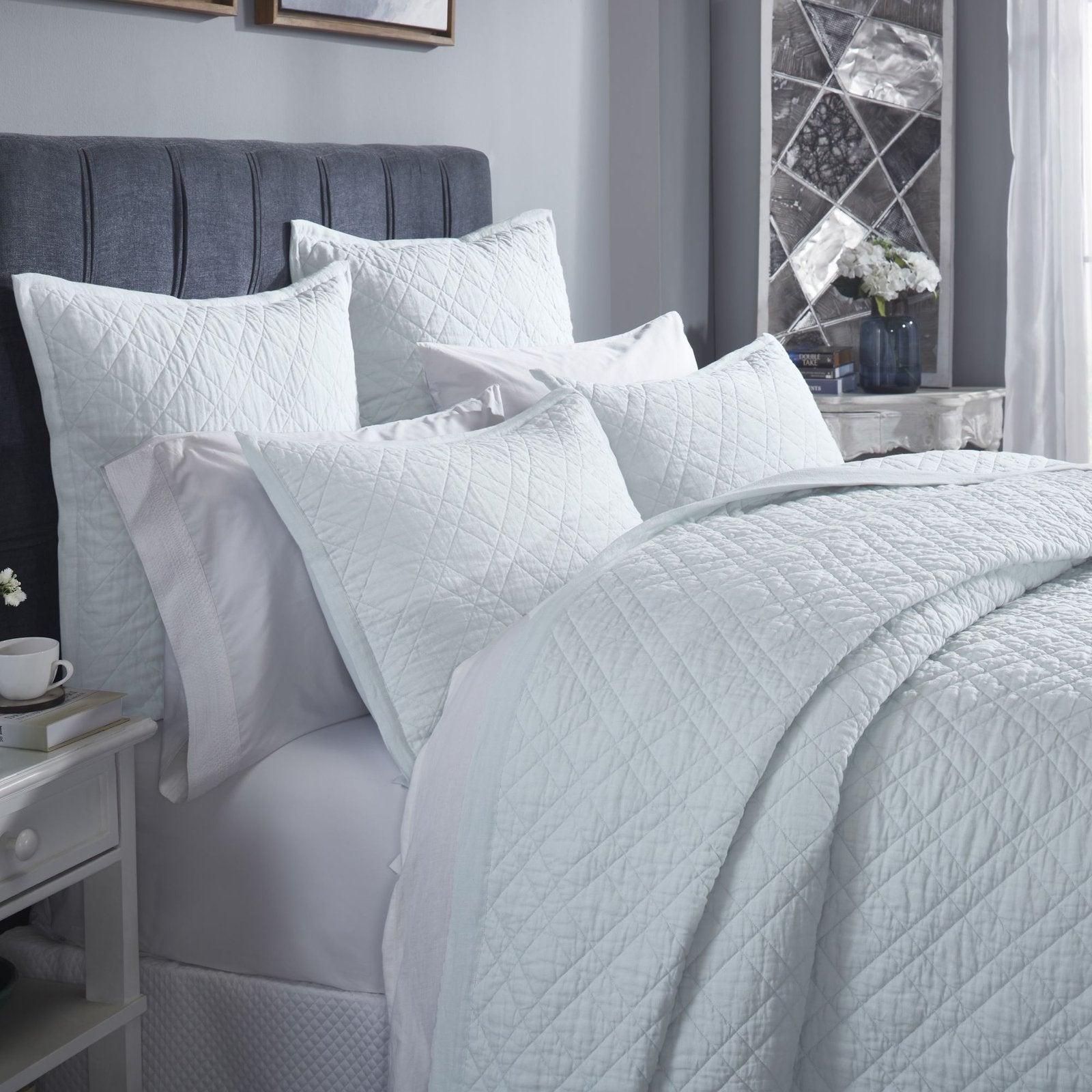 CL-255-11096_3|Inviting light blue quilted coverlet and matching pillows, showcasing a beautiful diamond pattern for a serene bed.