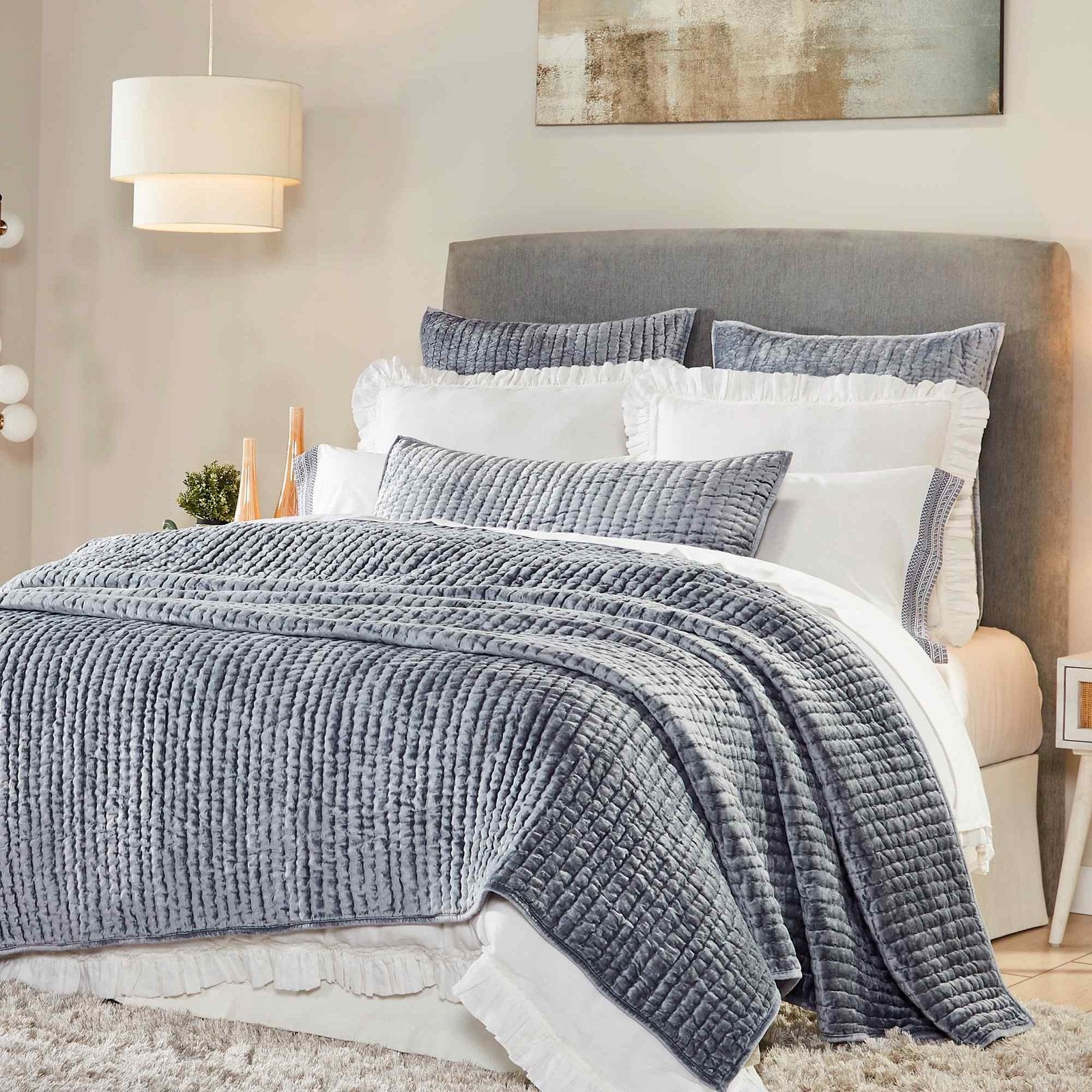 QT-340-11096_1|Soft light blue velvet quilt featuring a contemporary textured pattern, draped elegantly over a bed, adding serene comfort.