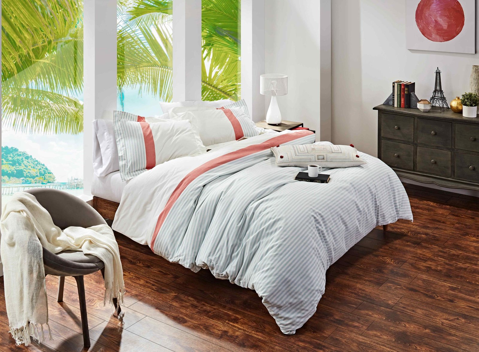DT-001B-10692_1|Vibrant light blue and white striped duvet cover with a stylish coral stripe accent, perfect for a fresh, modern tropical bedroom.