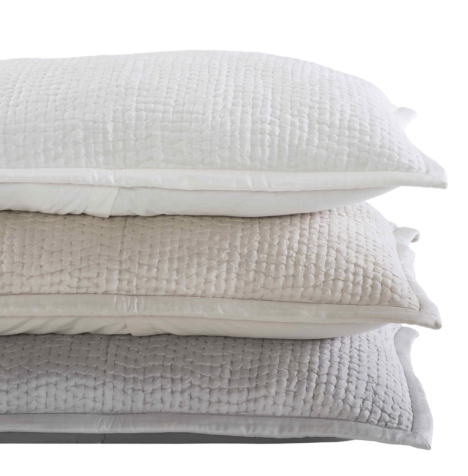 ES-165-2626_2|Stacked quilted coverlets in light grey, beige, and white. Features a uniform, small grid pattern with vertical stitching. Soft woven texture.