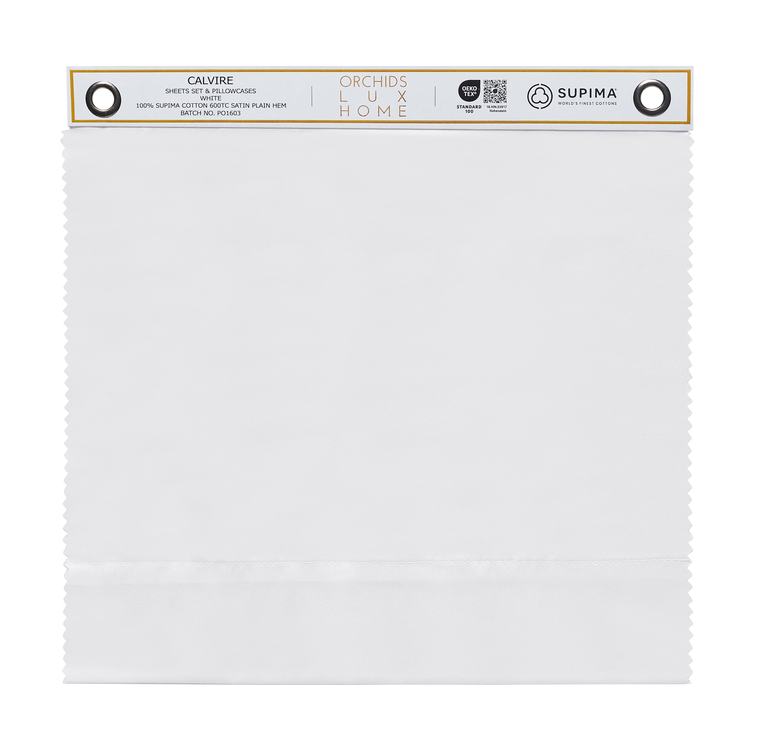 SWT-539-X_1|100% Supima cotton Calvire sheets swatch, 400TC sateen, white, plain hem, OEKO-TEX certified for luxury.