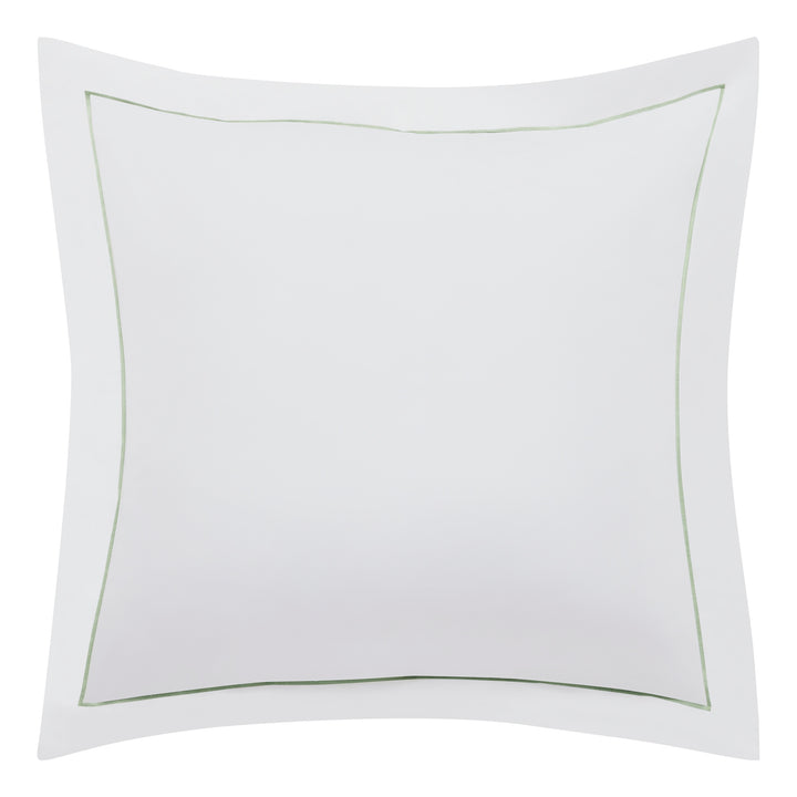 ES-057-2626_1|Pristine white pure cotton duvet cover with a fresh light green embroidered border, serene, soft bedding.