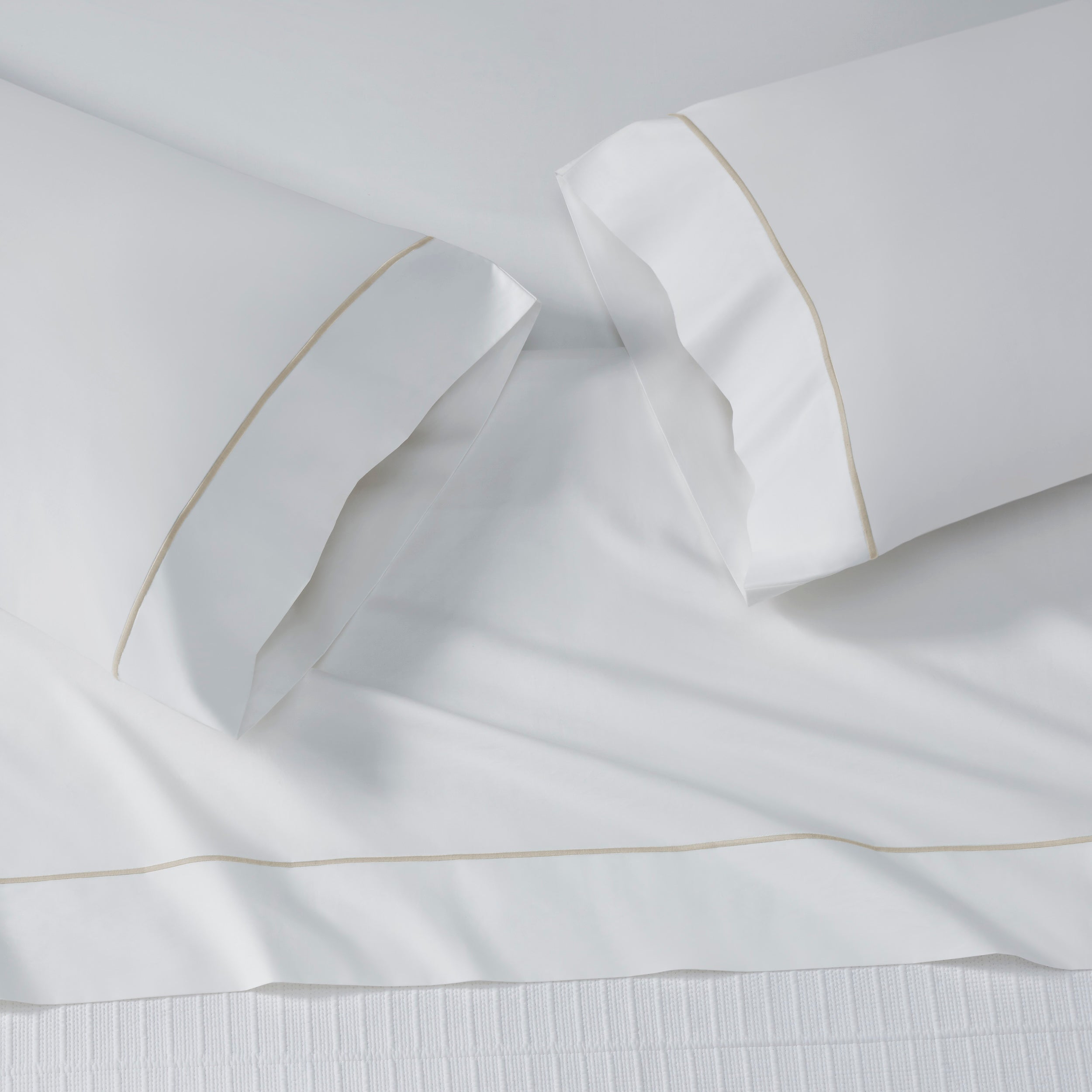 AKP-531-2040_4|Soft 100% cotton white bed sheets and pillowcases with elegant beige stripe detail, luxurious and comfortable for a restful sleep.