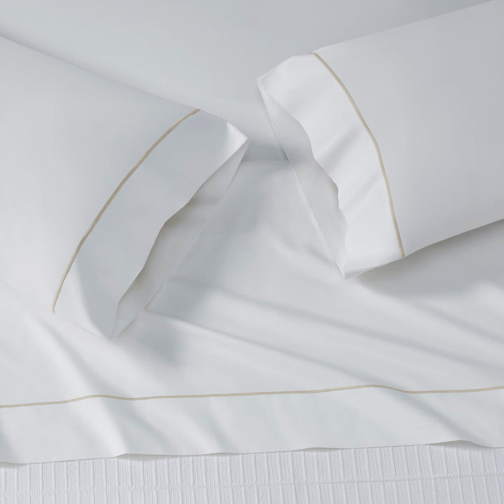 AKP-531-2040_4|Soft 100% cotton white bed sheets and pillowcases with elegant beige stripe detail, luxurious and comfortable for a restful sleep.